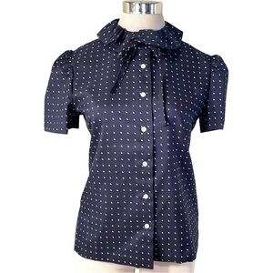 Navy Blue Polka Dot ILGWU Vintage Women's Short Sleeve Blouse